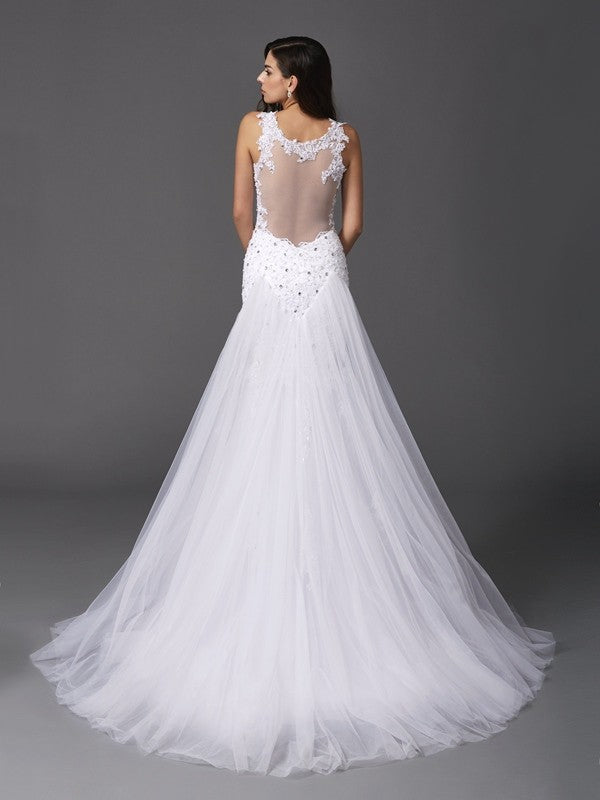 Trumpet/Mermaid Straps Beading Sleeveless Long Net Wedding Dresses CICIP0006774