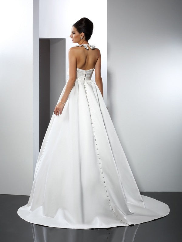 A-Line/Princess Halter Hand-Made Flower Sleeveless Long Satin Wedding Dresses CICIP0006918