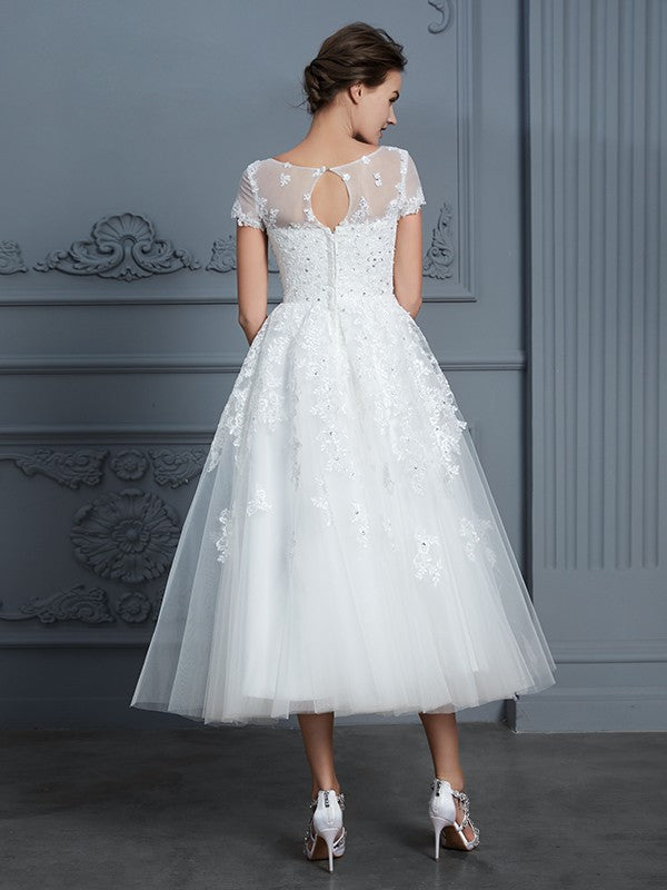 A-Line/Princess Scoop Short Sleeves Tea-Length Beading Tulle Wedding Dresses CICIP0006474