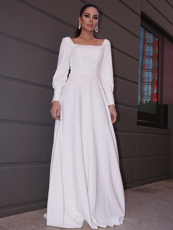 A-Line/Princess Stretch Crepe Ruffles Long Sleeves Square Sweep/Brush Train Wedding Dresses CICIP0006452