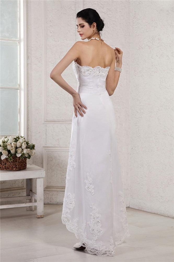 Sheath/Column Sweetheart Sleeveless Beading Applique High Low Organza Wedding Dresses CICIP0006829