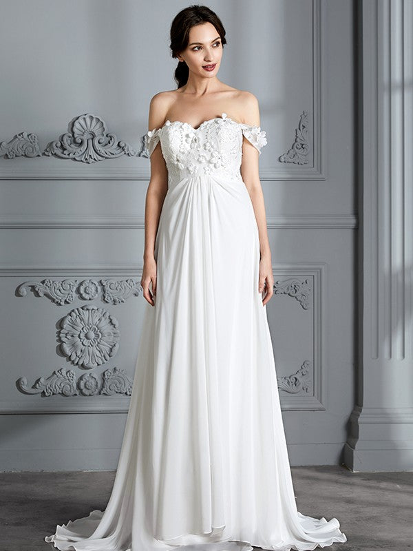 A-Line/Princess Off-the-Shoulder Sleeveless Chiffon Sweep/Brush Train Wedding Dresses CICIP0006370