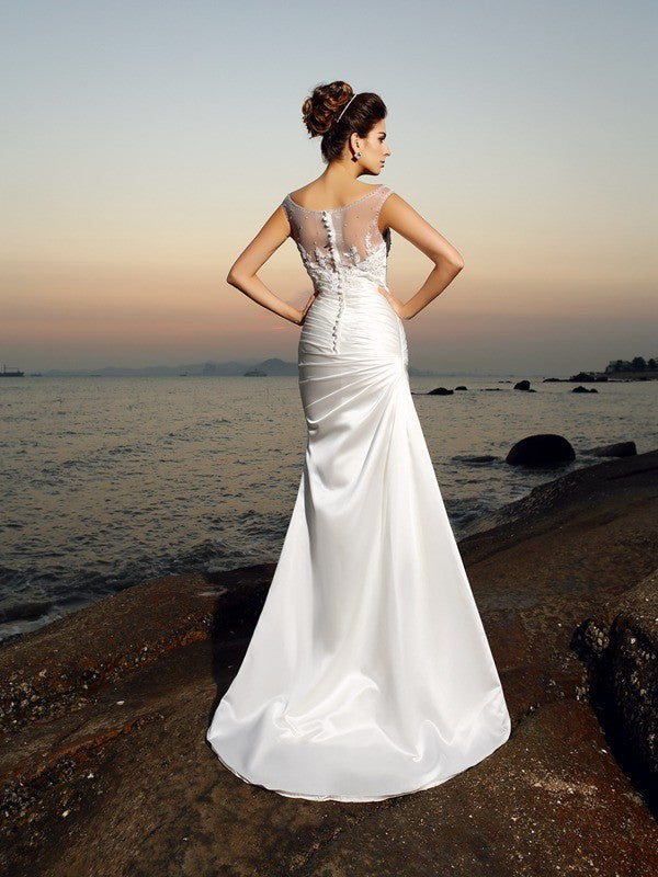 Trumpet/Mermaid Scoop Beading Sleeveless Long Satin Beach Wedding Dresses CICIP0006202