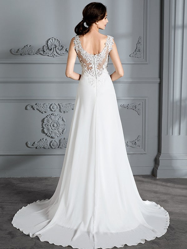 A-Line/Princess Sleeveless V-neck Sweep/Brush Train Chiffon Wedding Dresses CICIP0006487