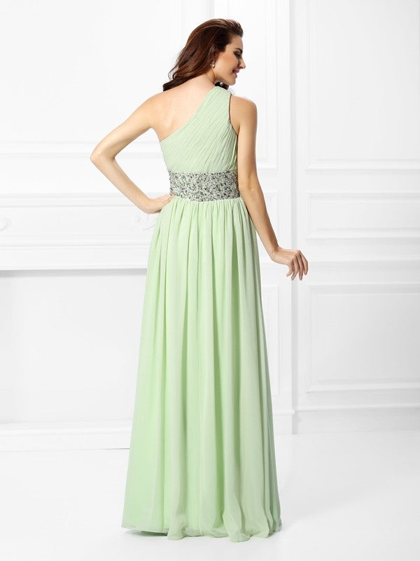 A-Line/Princess One-Shoulder Beading Sleeveless Long Chiffon Dresses CICIP0004458