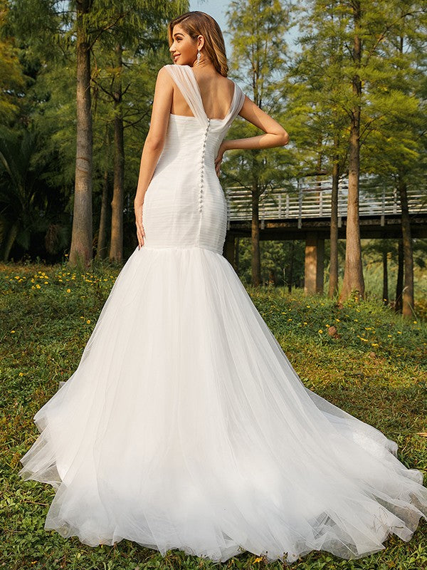 Trumpet/Mermaid Tulle Applique Sweetheart Sleeveless Sweep/Brush Train Wedding Dresses CICIP0006506