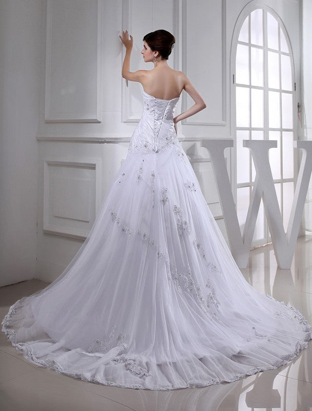 A-Line/Princess Beading Long Sleeveless Strapless Tulle Taffeta Wedding Dresses CICIP0006716