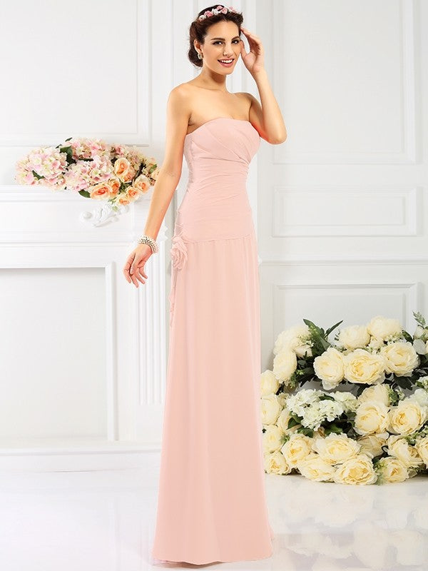 Sheath/Column Strapless Hand-Made Flower Sleeveless Long Chiffon Bridesmaid Dresses CICIP0005753