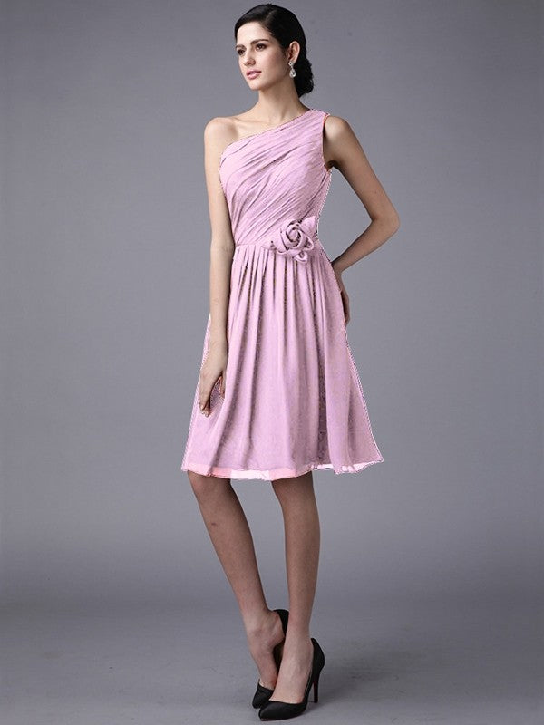 Sheath/Column One-Shoulder Sleeveless Pleats Short Chiffon Bridesmaid Dresses CICIP0005846