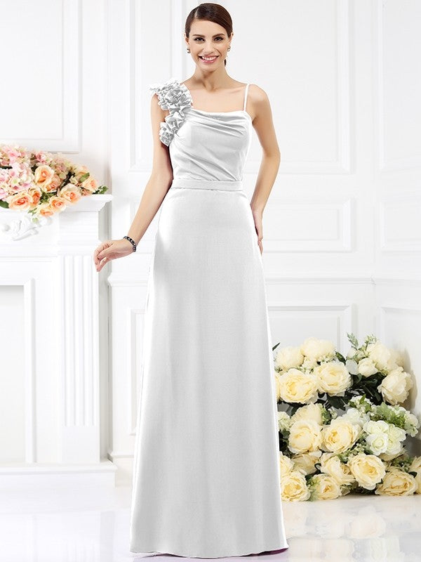 Sheath/Column Spaghetti Straps Hand-Made Flower Sleeveless Long Chiffon Bridesmaid Dresses CICIP0005774