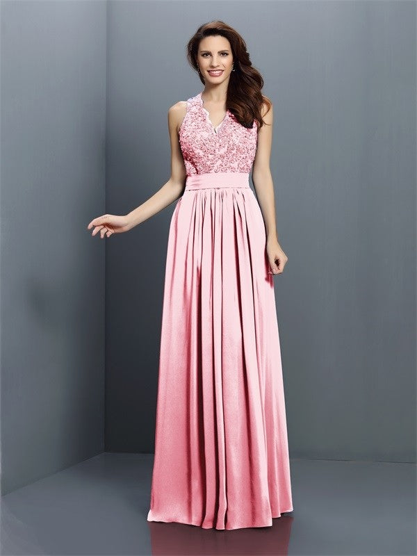 A-Line/Princess V-neck Applique Sleeveless Long Chiffon Bridesmaid Dresses CICIP0005255