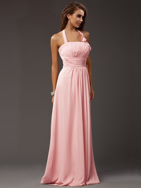 Sheath/Column Halter Sleeveless Ruffles Long Chiffon Bridesmaid Dresses CICIP0005366