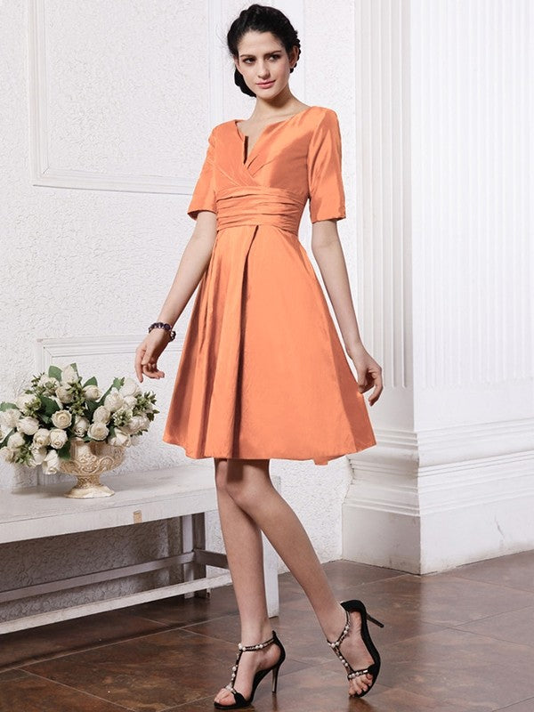 Sheath/Column V-neck Half Sleeves Pleats Taffeta Bridesmaid Dresses CICIP0005658