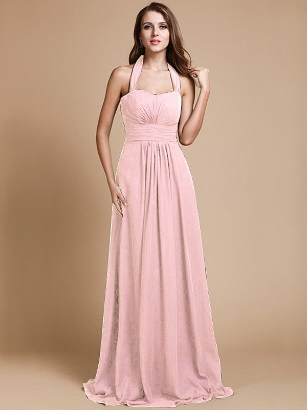 A-Line/Princess Halter Sleeveless Long Ruffles Chiffon Bridesmaid Dresses CICIP0005483