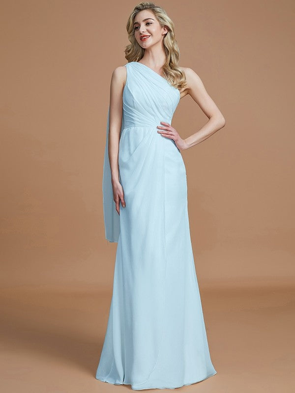 Sheath/Column One-Shoulder Sleeveless Floor-Length Chiffon Bridesmaid Dresses CICIP0005565