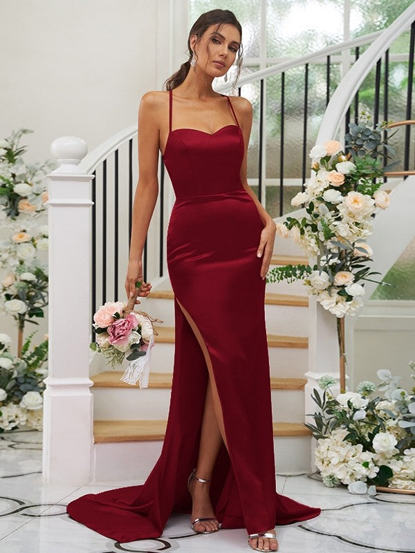 Sheath/Column Elastic Woven Satin Ruched Square Sleeveless Sweep/Brush Train Bridesmaid Dresses CICIP0004933