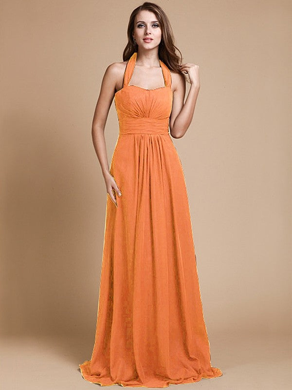 A-Line/Princess Halter Sleeveless Long Ruffles Chiffon Bridesmaid Dresses CICIP0005483