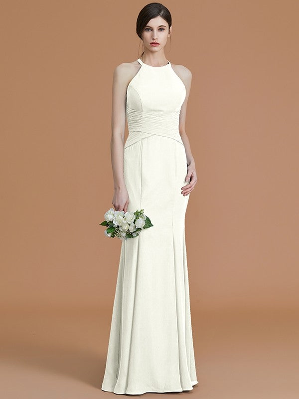 Trumpet/Mermaid Halter Sleeveless Floor-Length Ruched Chiffon Bridesmaid Dresses CICIP0005544