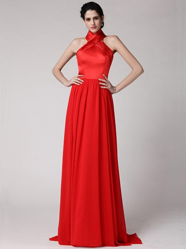 Sheath/Column Halter Sleeveless Pleats Long Elastic Woven Satin Chiffon Bridesmaid Dresses CICIP0005653