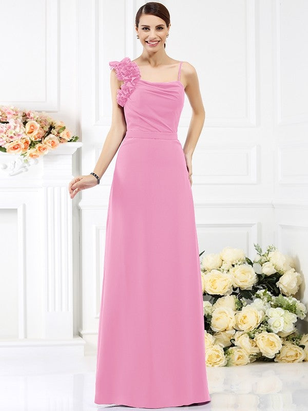 Sheath/Column Spaghetti Straps Hand-Made Flower Sleeveless Long Chiffon Bridesmaid Dresses CICIP0005774