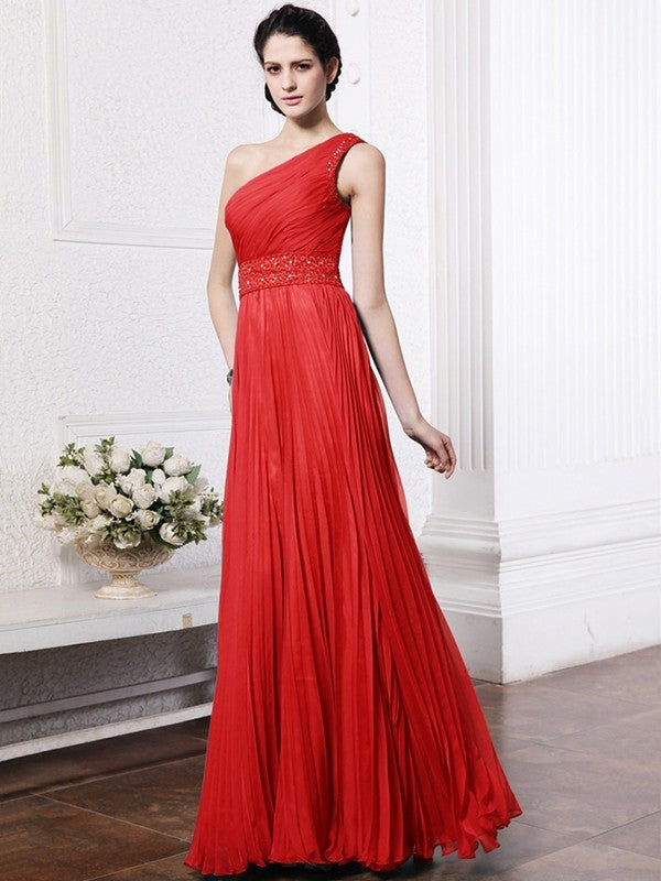 Sheath/Column One-Shoulder Sleeveless Beading Pleats Long Chiffon Bridesmaid Dresses CICIP0005588