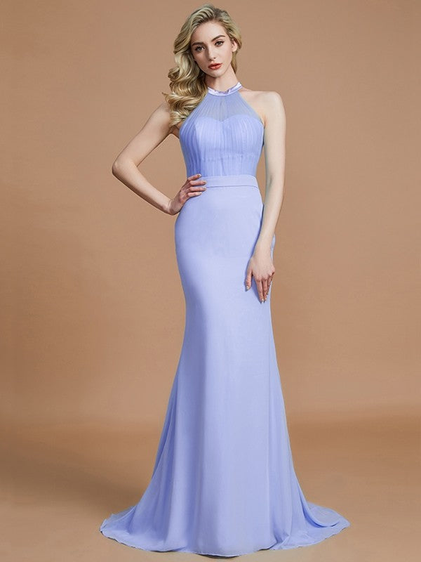 Trumpet/Mermaid Sleeveless Scoop Sweep/Brush Train Chiffon Bridesmaid Dresses CICIP0005142