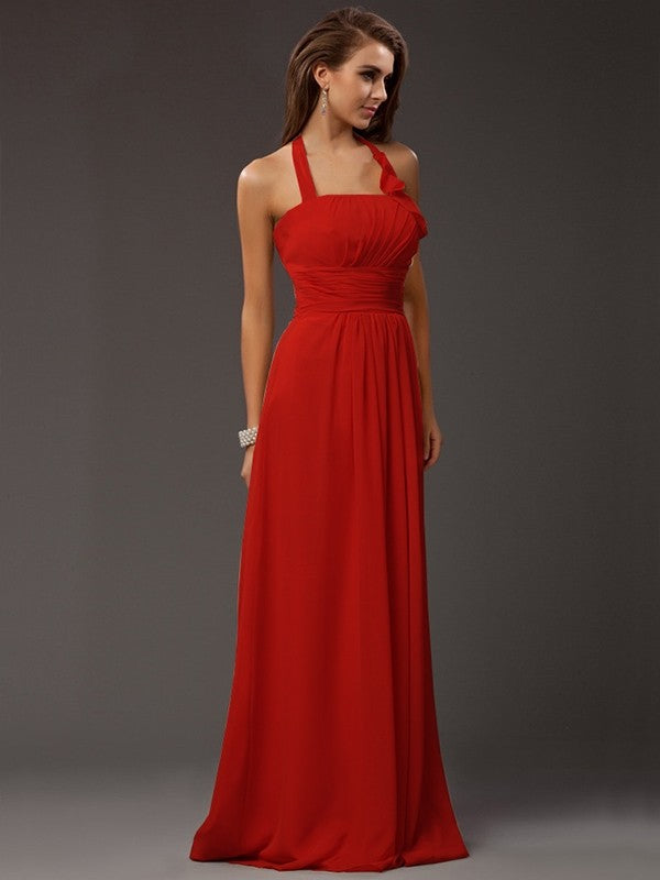 Sheath/Column Halter Sleeveless Ruffles Long Chiffon Bridesmaid Dresses CICIP0005366