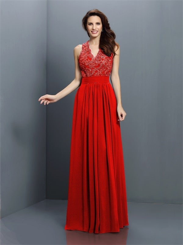 A-Line/Princess V-neck Applique Sleeveless Long Chiffon Bridesmaid Dresses CICIP0005255