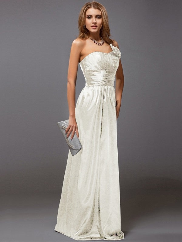 Sheath/Column One-Shoulder Sleeveless Ruffles Long Satin Bridesmaid Dresses CICIP0005611