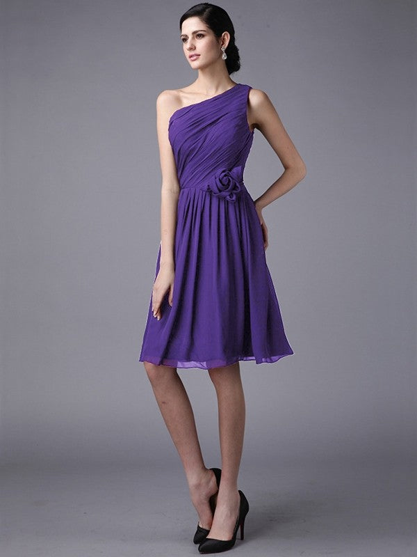 Sheath/Column One-Shoulder Sleeveless Pleats Short Chiffon Bridesmaid Dresses CICIP0005846