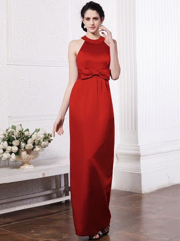 Sheath/Column Scoop Sleeveless Beading Bowknot Long Elastic Woven Satin Bridesmaid Dresses CICIP0005506