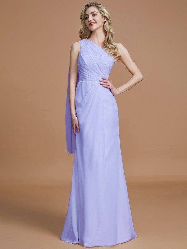 Sheath/Column One-Shoulder Sleeveless Floor-Length Chiffon Bridesmaid Dresses CICIP0005565