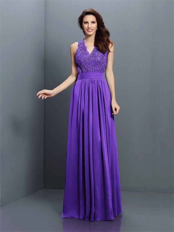 A-Line/Princess V-neck Applique Sleeveless Long Chiffon Bridesmaid Dresses CICIP0005255