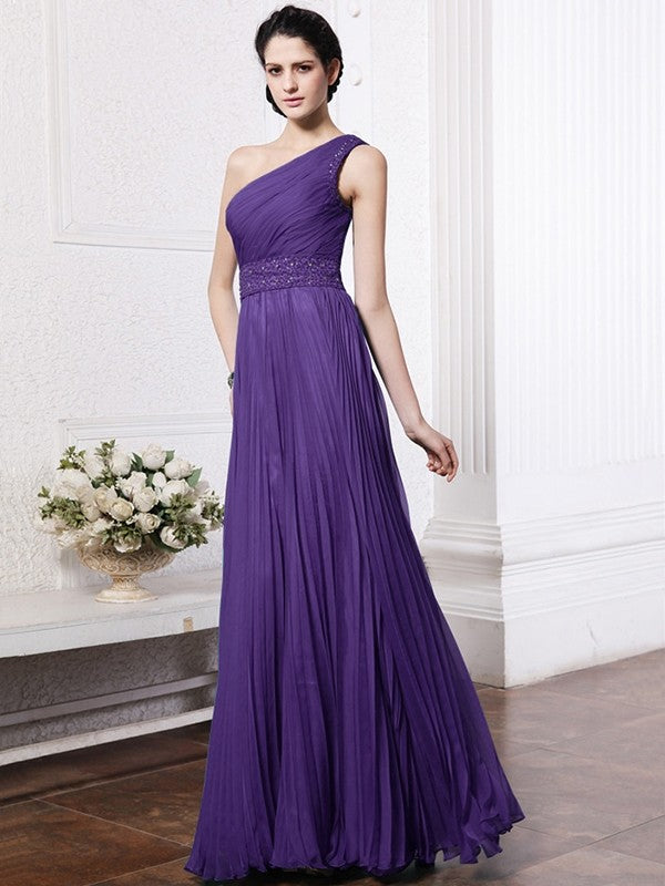 Sheath/Column One-Shoulder Sleeveless Beading Pleats Long Chiffon Bridesmaid Dresses CICIP0005588