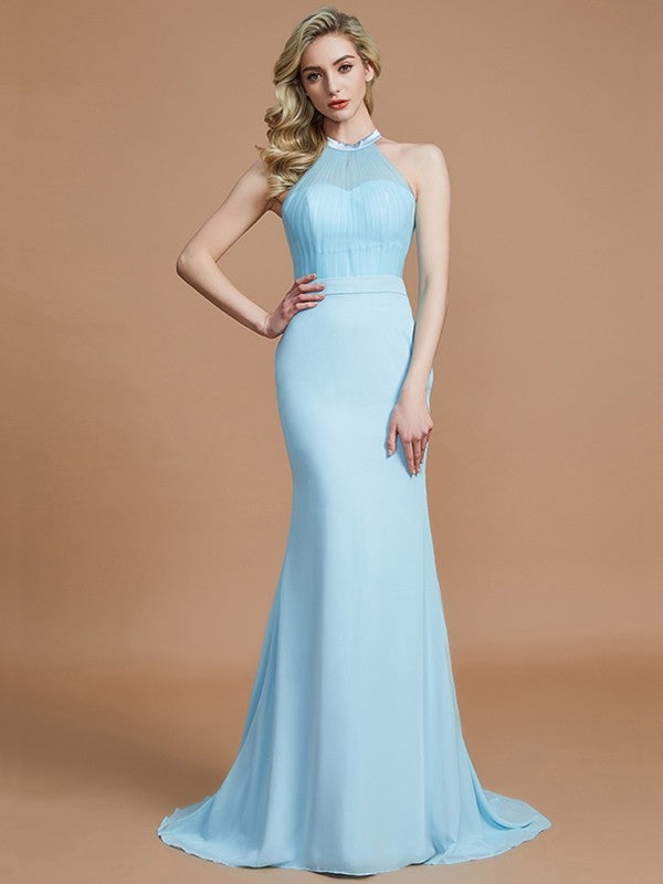 Trumpet/Mermaid Sleeveless Scoop Sweep/Brush Train Chiffon Bridesmaid Dresses CICIP0005142