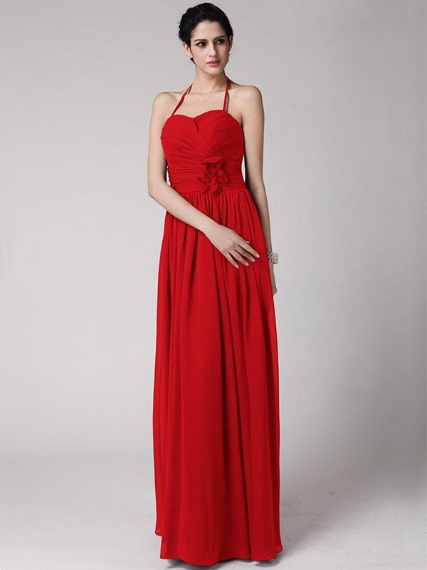 Sheath/Column Halter Sleeveless Hand-Made Flower Long Chiffon Bridesmaid Dresses CICIP0005817