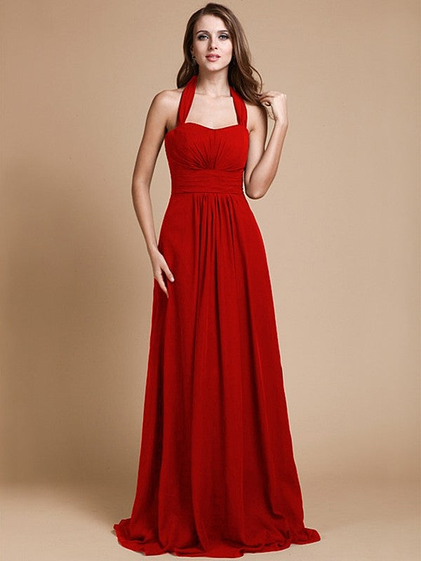 A-Line/Princess Halter Sleeveless Long Ruffles Chiffon Bridesmaid Dresses CICIP0005483