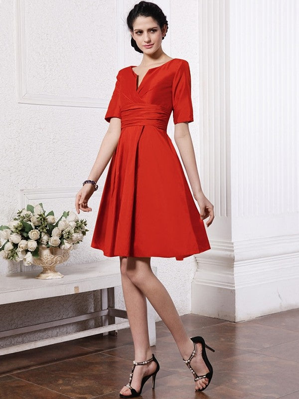 Sheath/Column V-neck Half Sleeves Pleats Taffeta Bridesmaid Dresses CICIP0005658