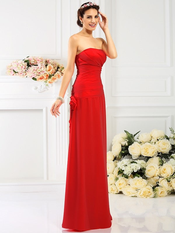 Sheath/Column Strapless Hand-Made Flower Sleeveless Long Chiffon Bridesmaid Dresses CICIP0005753