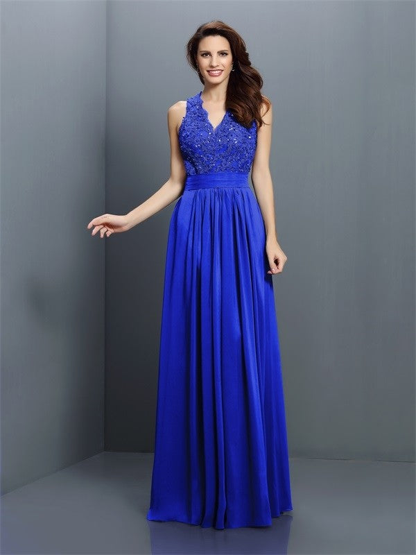 A-Line/Princess V-neck Applique Sleeveless Long Chiffon Bridesmaid Dresses CICIP0005255