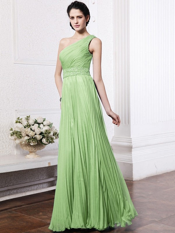 Sheath/Column One-Shoulder Sleeveless Beading Pleats Long Chiffon Bridesmaid Dresses CICIP0005588