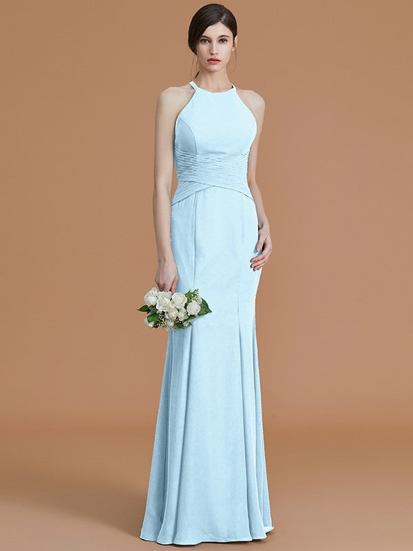 Trumpet/Mermaid Halter Sleeveless Floor-Length Ruched Chiffon Bridesmaid Dresses CICIP0005544