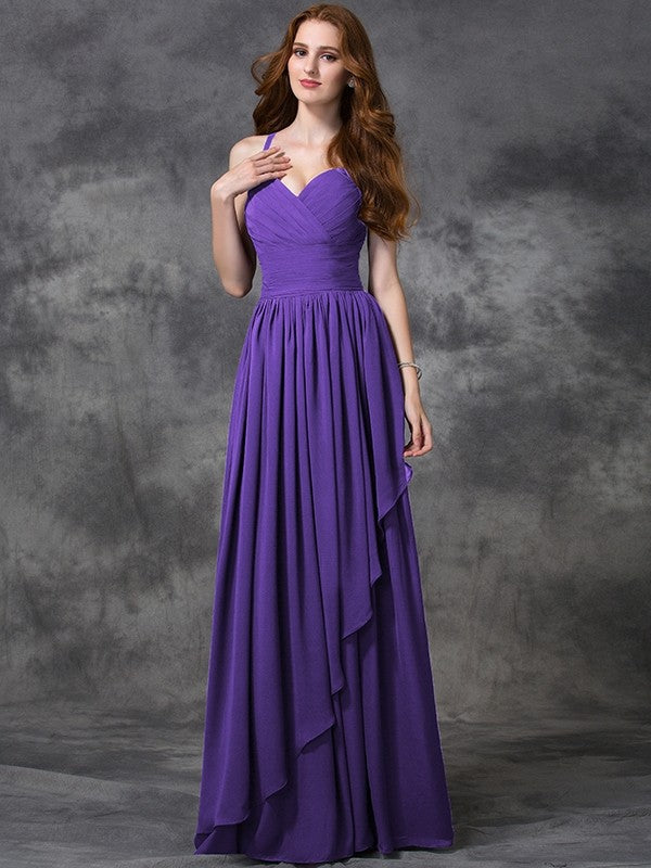 A-line/Princess Spaghetti Straps Sleeveless Long Ruffles Chiffon Bridesmaid Dresses CICIP0005431