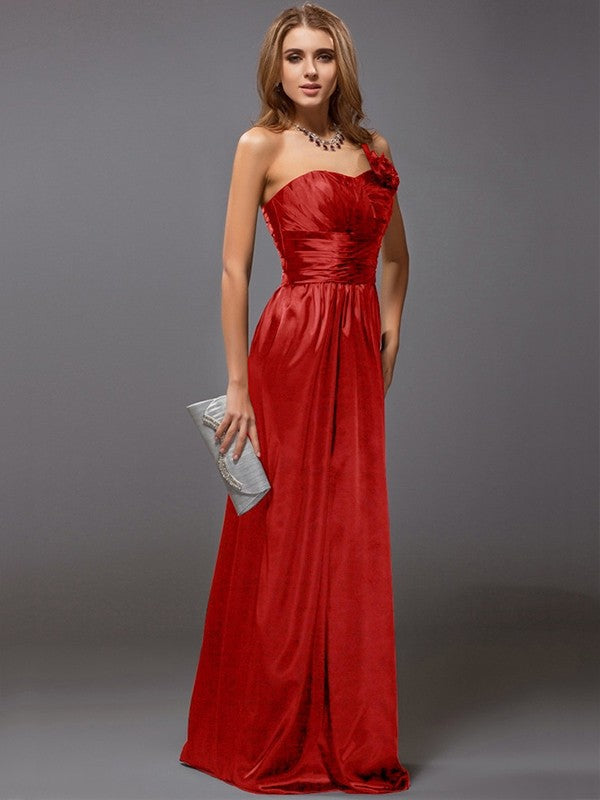 Sheath/Column One-Shoulder Sleeveless Ruffles Long Satin Bridesmaid Dresses CICIP0005611