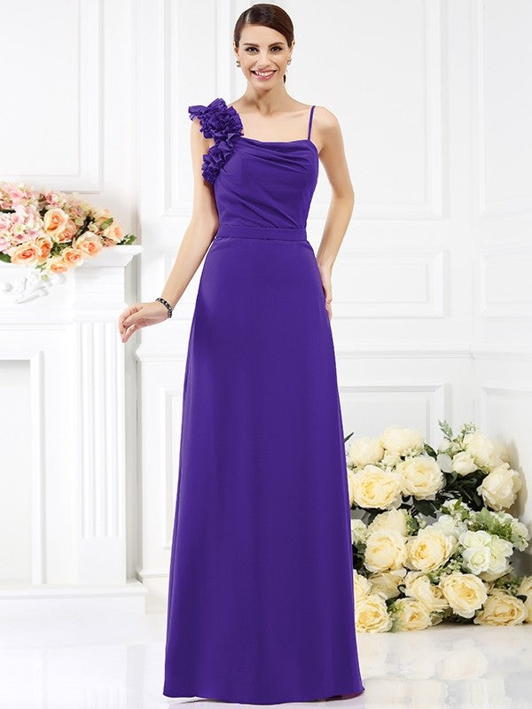 Sheath/Column Spaghetti Straps Hand-Made Flower Sleeveless Long Chiffon Bridesmaid Dresses CICIP0005774