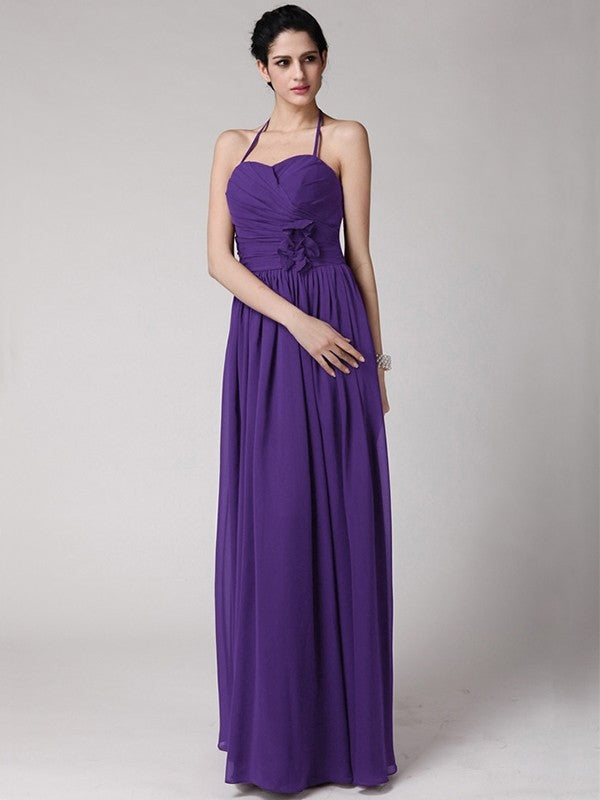 Sheath/Column Halter Sleeveless Hand-Made Flower Long Chiffon Bridesmaid Dresses CICIP0005817