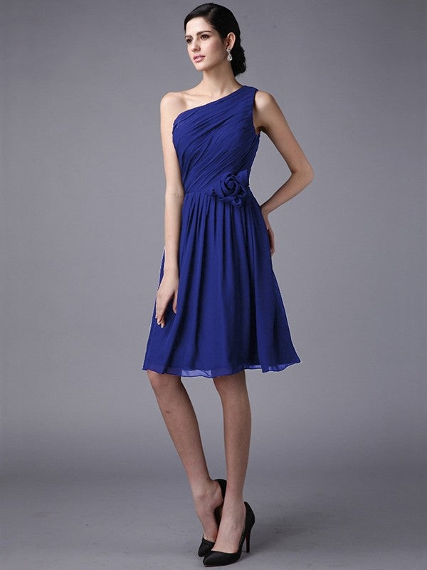 Sheath/Column One-Shoulder Sleeveless Pleats Short Chiffon Bridesmaid Dresses CICIP0005846