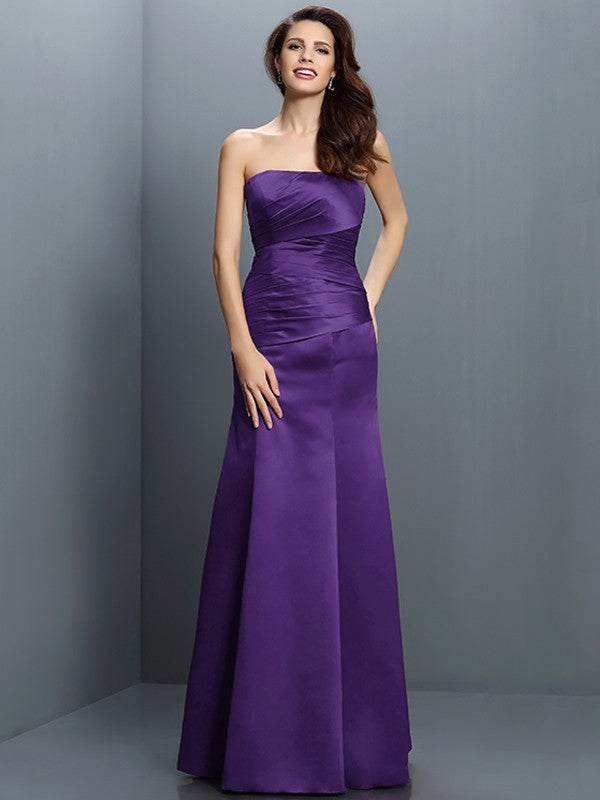 Sheath/Column Strapless Pleats Sleeveless Long Satin Bridesmaid Dresses CICIP0005635