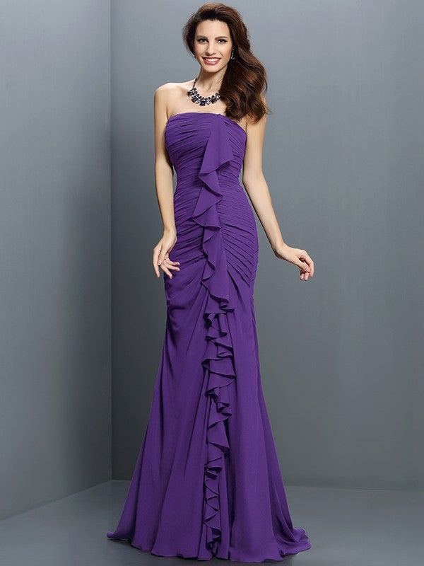 Trumpet/Mermaid Strapless Pleats Sleeveless Long Chiffon Bridesmaid Dresses CICIP0005428