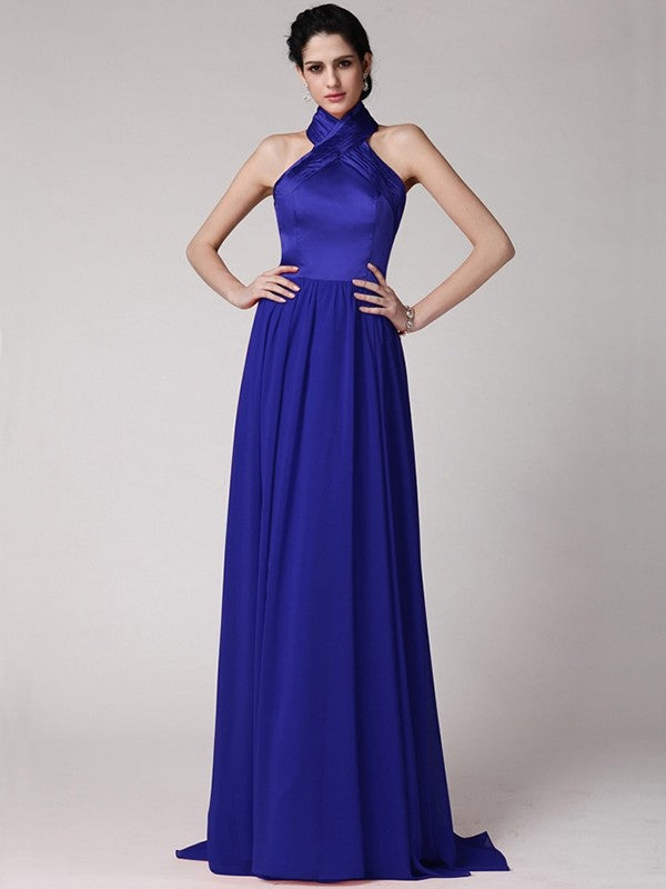 Sheath/Column Halter Sleeveless Pleats Long Elastic Woven Satin Chiffon Bridesmaid Dresses CICIP0005653